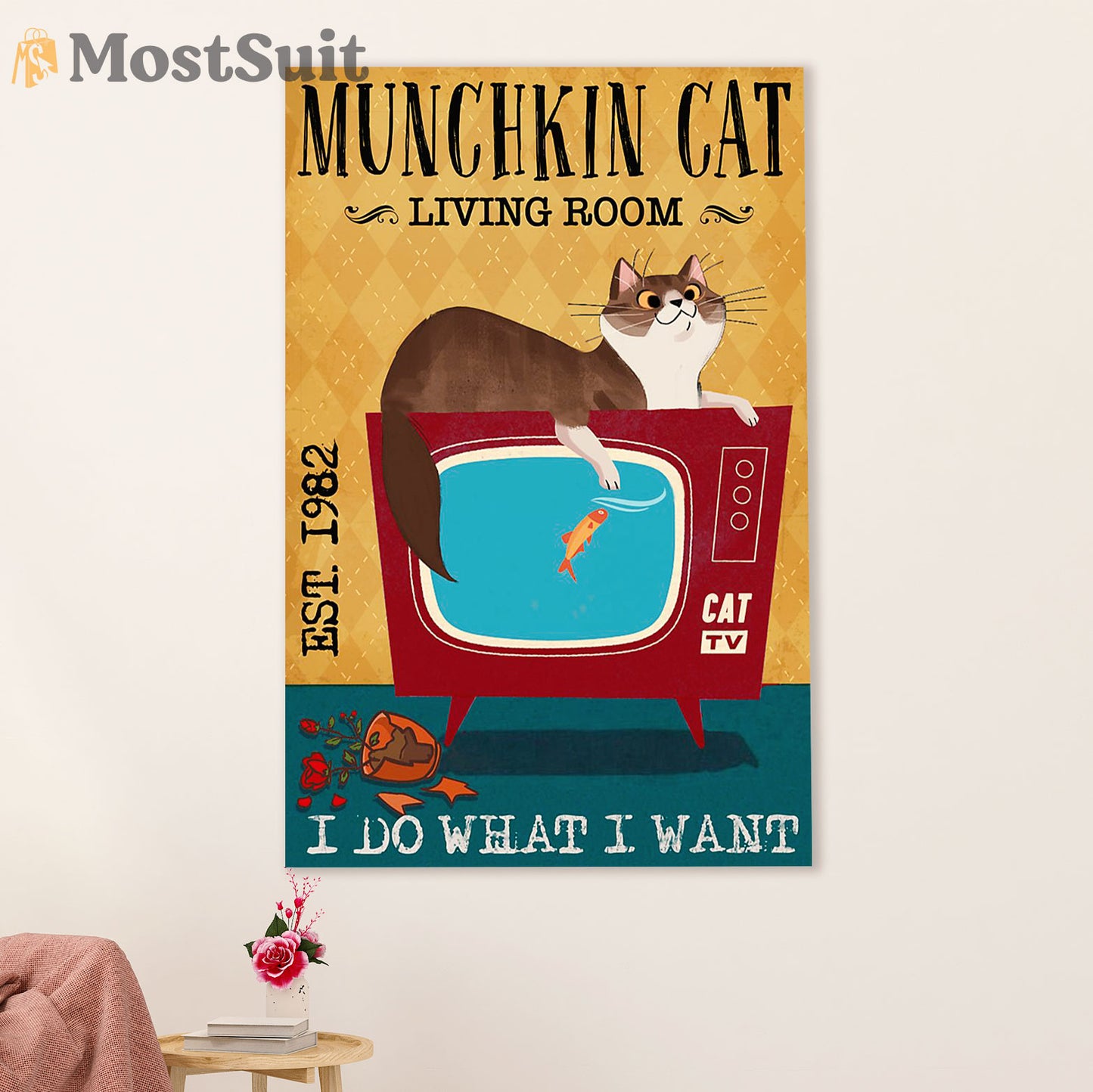 Funny Cute Cat Poster Wall Art Prints | Munchkin Cat in Living Room | Home Decor Gift for Cat Lover