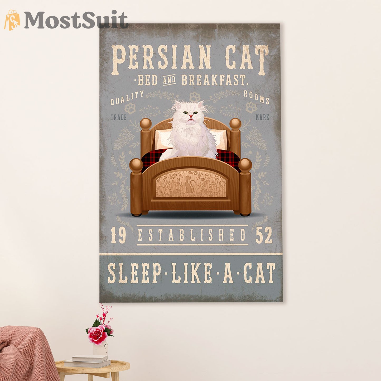 Funny Cute Cat Poster Wall Art Prints | Persian Cat in Bed | Home Decor Gift for Cat Lover