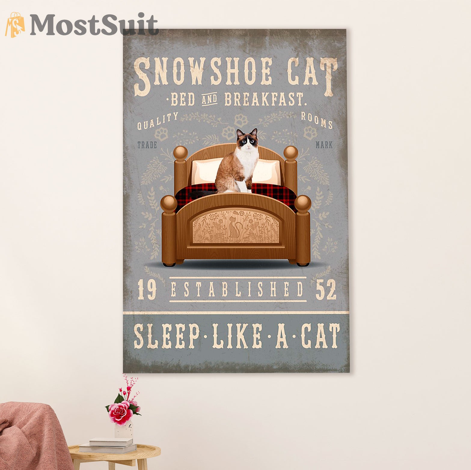 Funny Cute Cat Poster Wall Art Prints | Snowshoe Cat in Bed | Home Decor Gift for Cat Lover