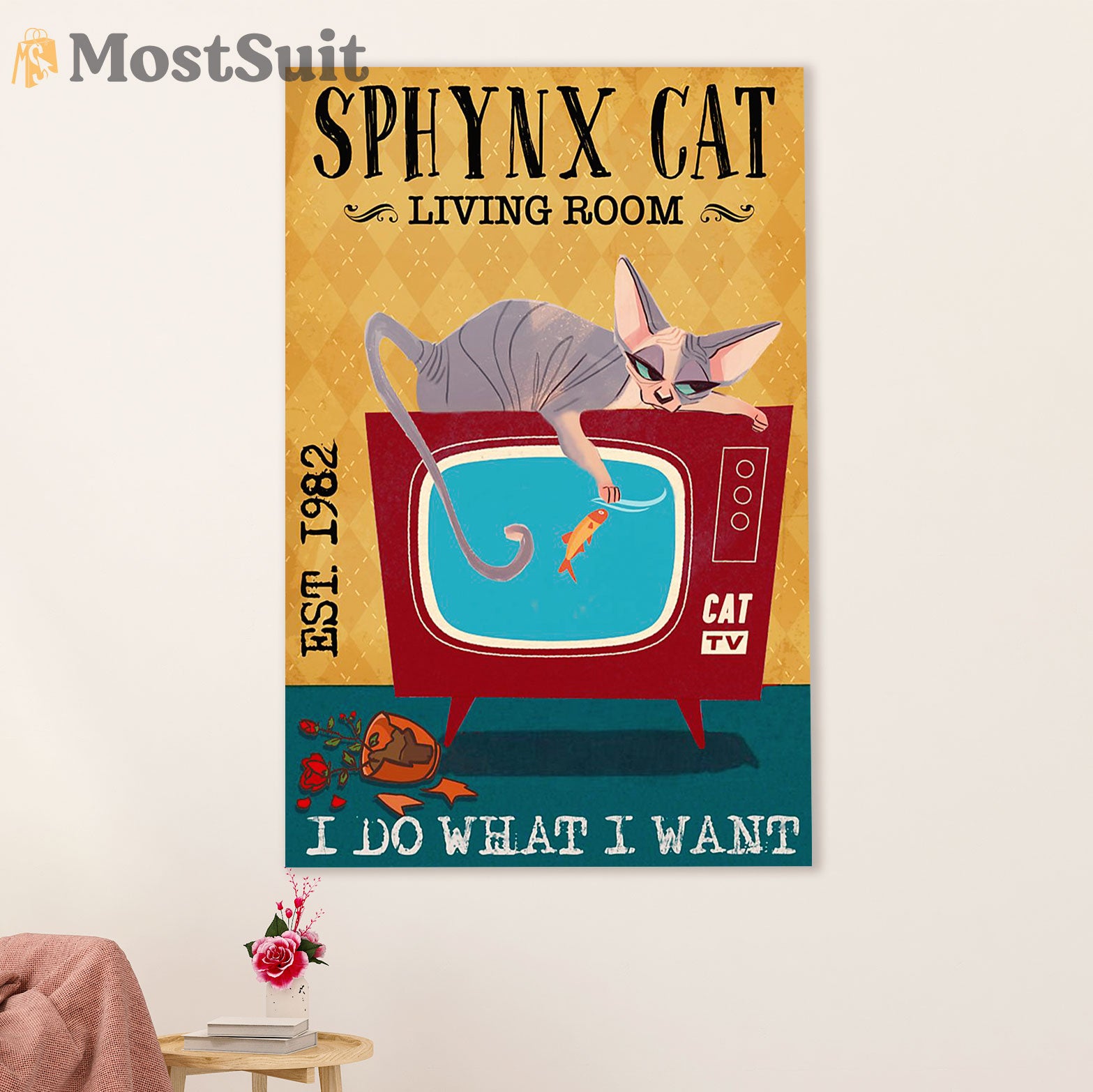 Funny Cute Cat Poster Wall Art Prints | Sphynx Cat in Living Room | Home Decor Gift for Cat Lover