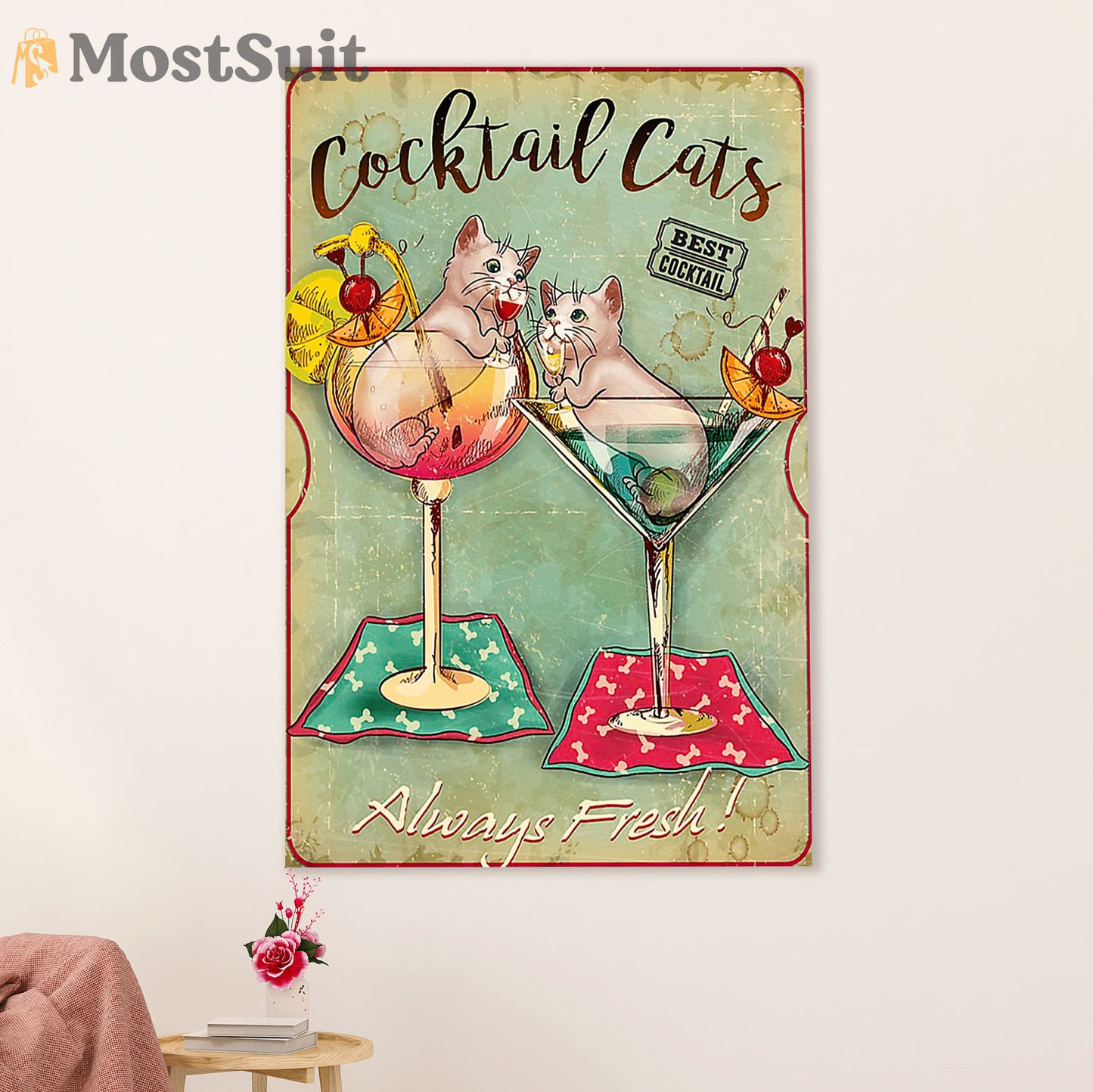 Funny Cute Cat Poster Wall Art Prints | Cocktail Cats | Home Decor Gift for Cat Lover