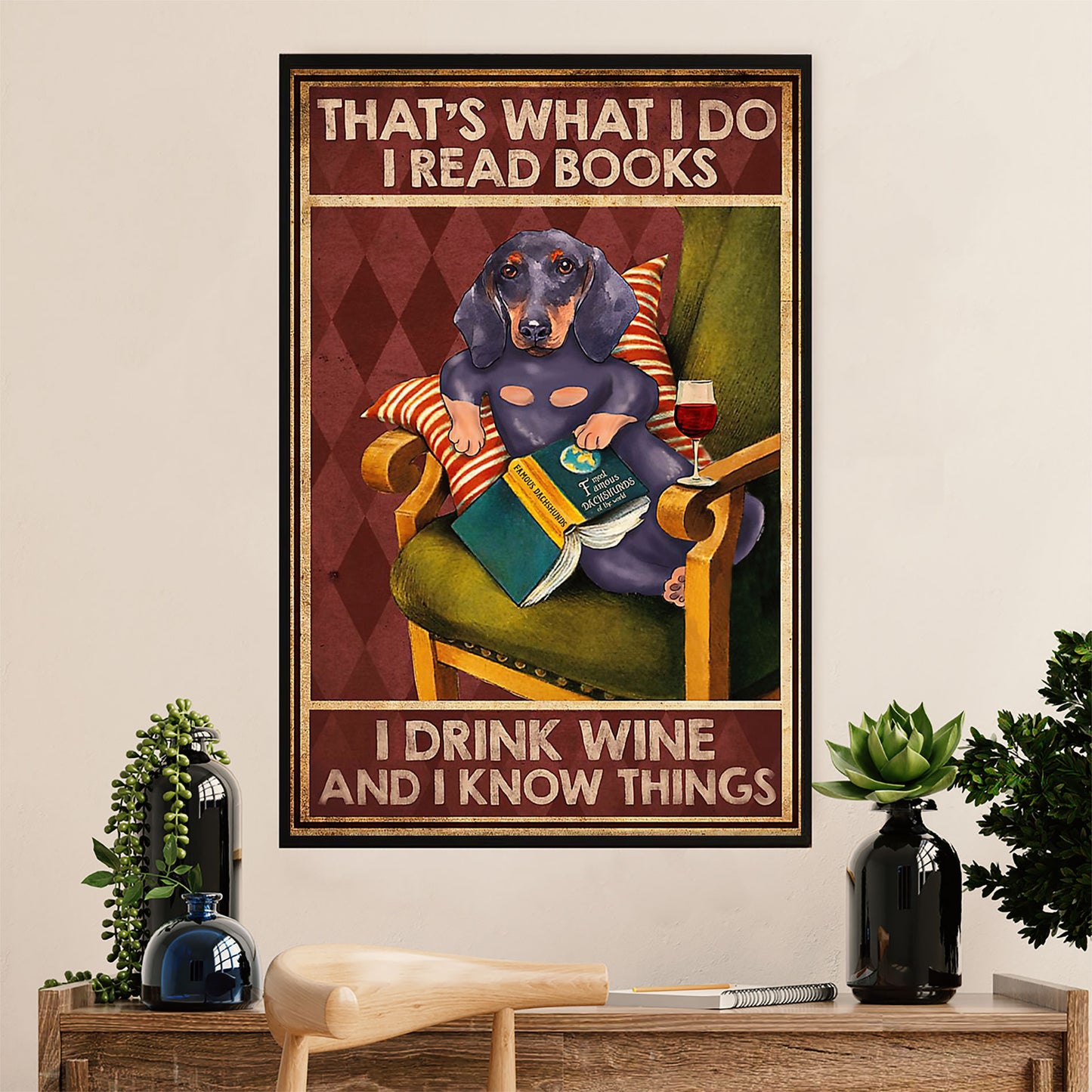Funny Cute Dachshund Canvas Wall Art Print | Book Wine | Gift for Dachshund Dog Puppies Lover