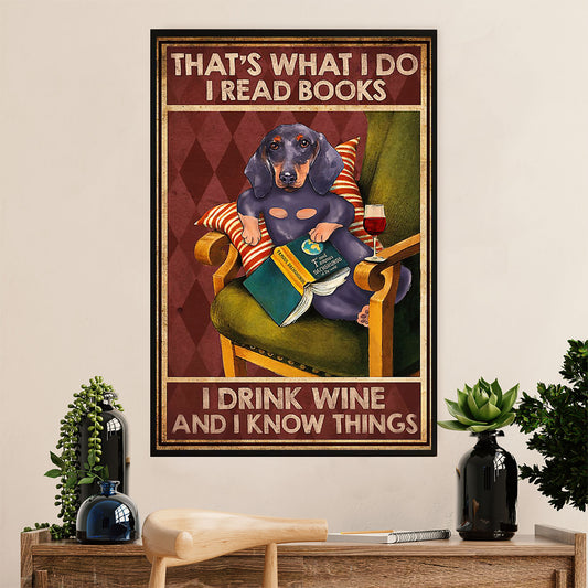Funny Cute Dachshund Canvas Wall Art Print | Book Wine | Gift for Dachshund Dog Puppies Lover