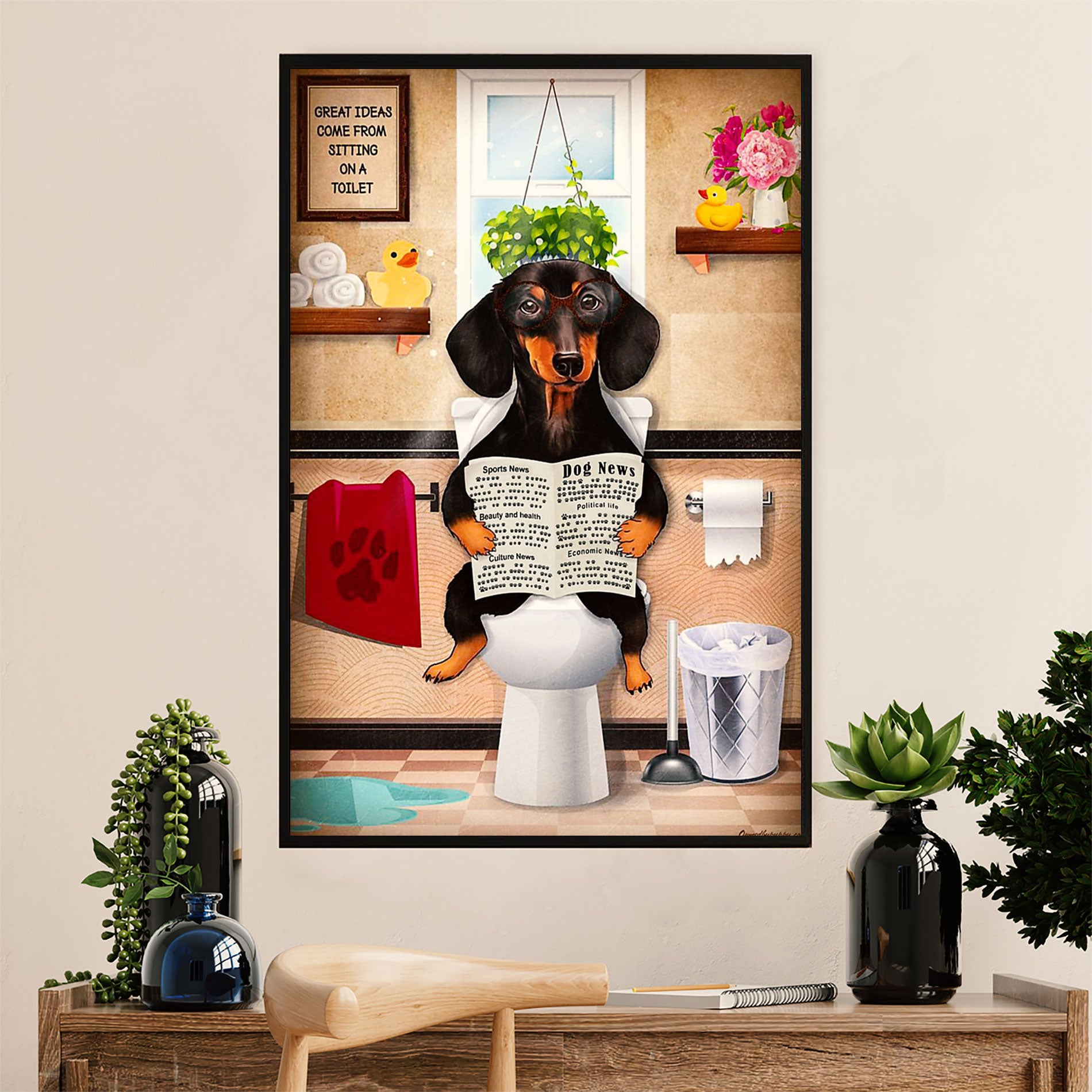 Funny Cute Dachshund Canvas Wall Art Print | Dachshund in Toilet | Gift for Dachshund Dog Puppies Lover