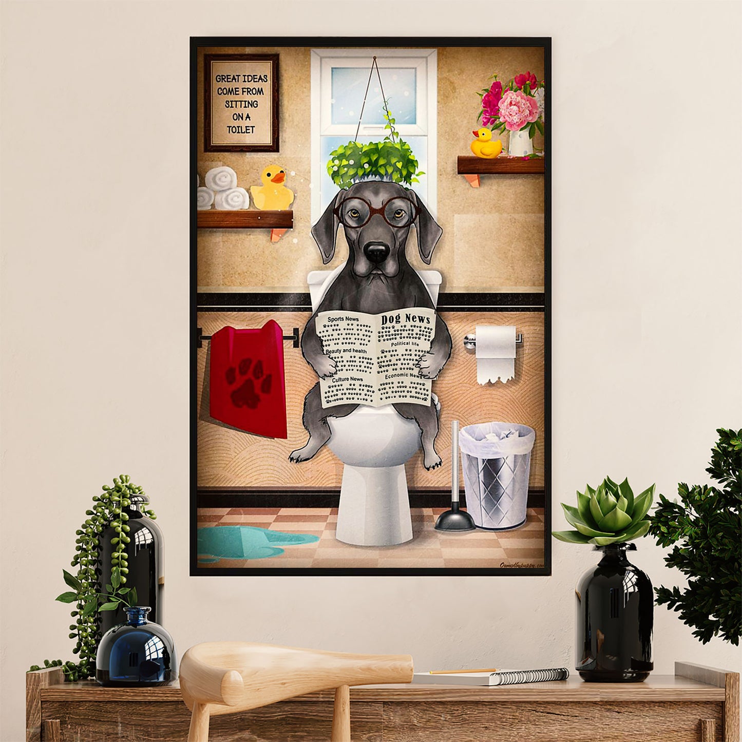 Funny Cute Dachshund Canvas Wall Art Print | Dog in Toilet | Gift for Dachshund Dog Puppies Lover