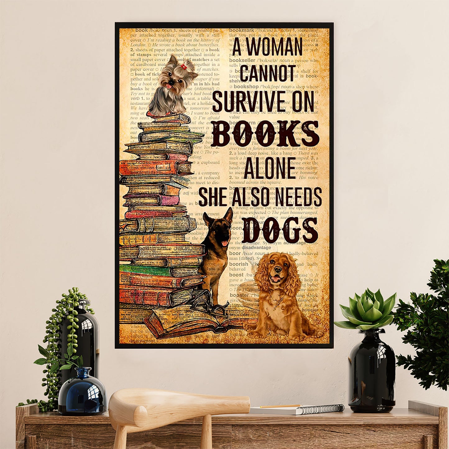 Dog Breeds Canvas Wall Art Prints | Woman Loves Books & Dog | Home Décor Gift for Dog Puppies Lover