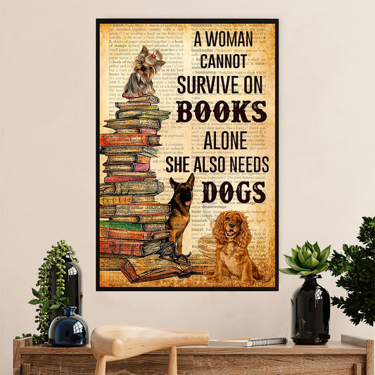 Dog Breeds Canvas Wall Art Prints | Woman Loves Books & Dog | Home Décor Gift for Dog Puppies Lover