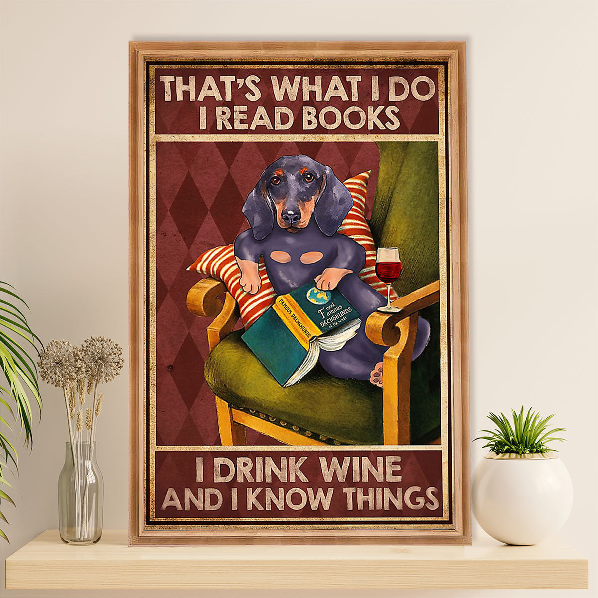 Funny Cute Dachshund Canvas Wall Art Print | Book Wine | Gift for Dachshund Dog Puppies Lover