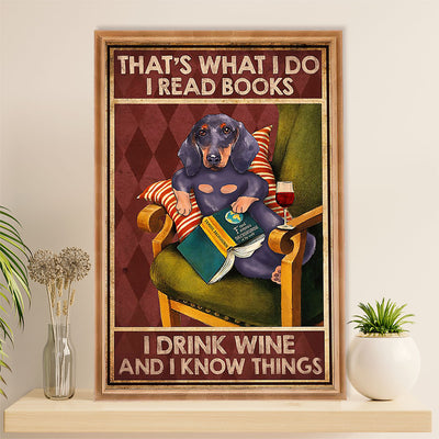 Funny Cute Dachshund Canvas Wall Art Print | Book Wine | Gift for Dachshund Dog Puppies Lover