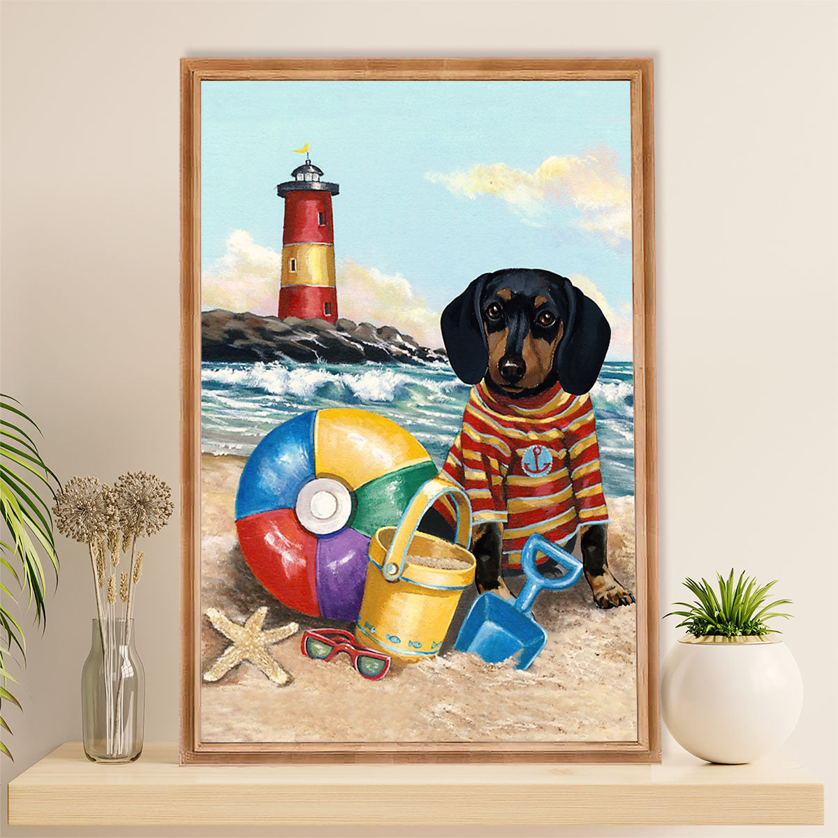 Funny Cute Dachshund Canvas Wall Art Print | Dachshund in Beach | Gift for Dachshund Dog Puppies Lover
