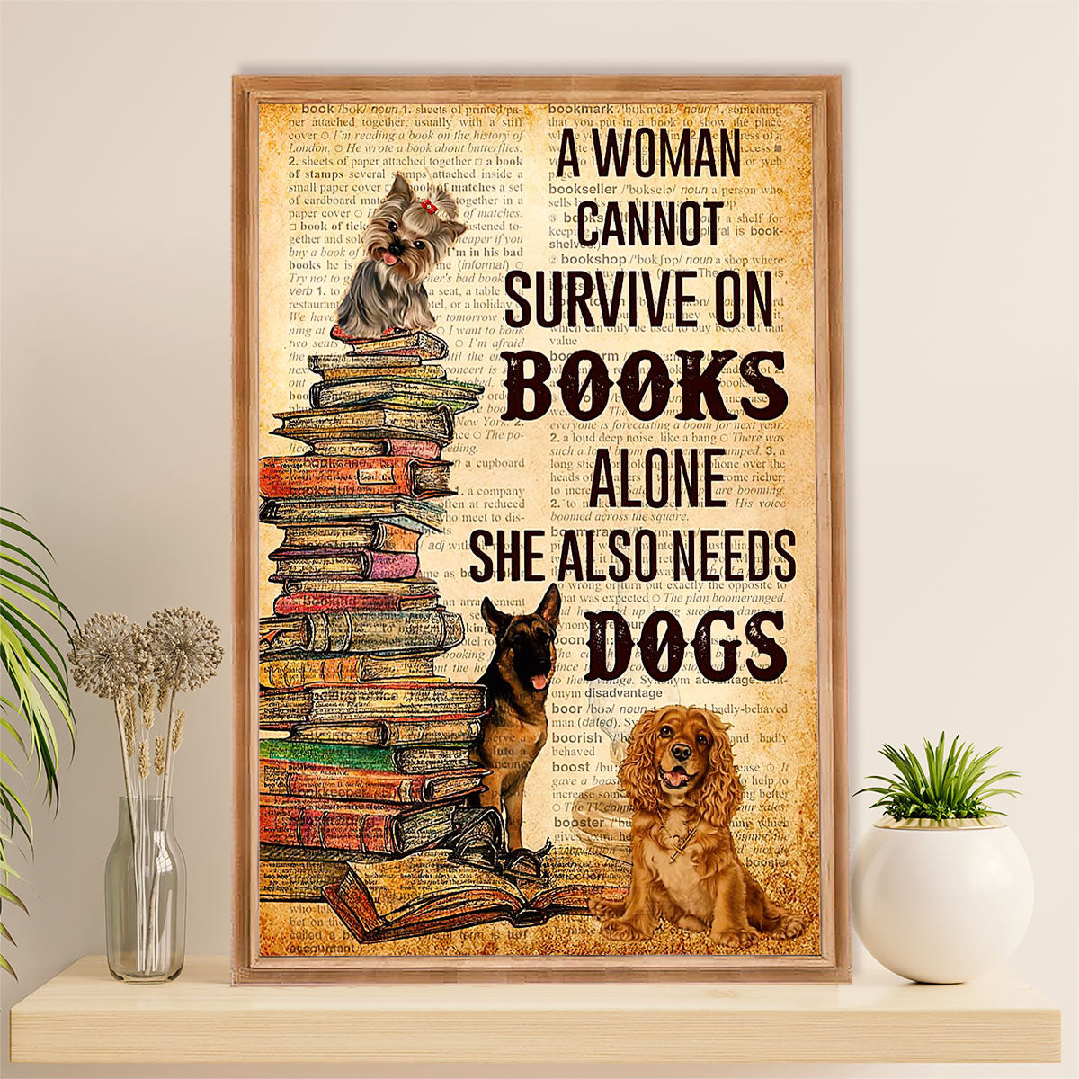 Dog Breeds Canvas Wall Art Prints | Woman Loves Books & Dog | Home Décor Gift for Dog Puppies Lover