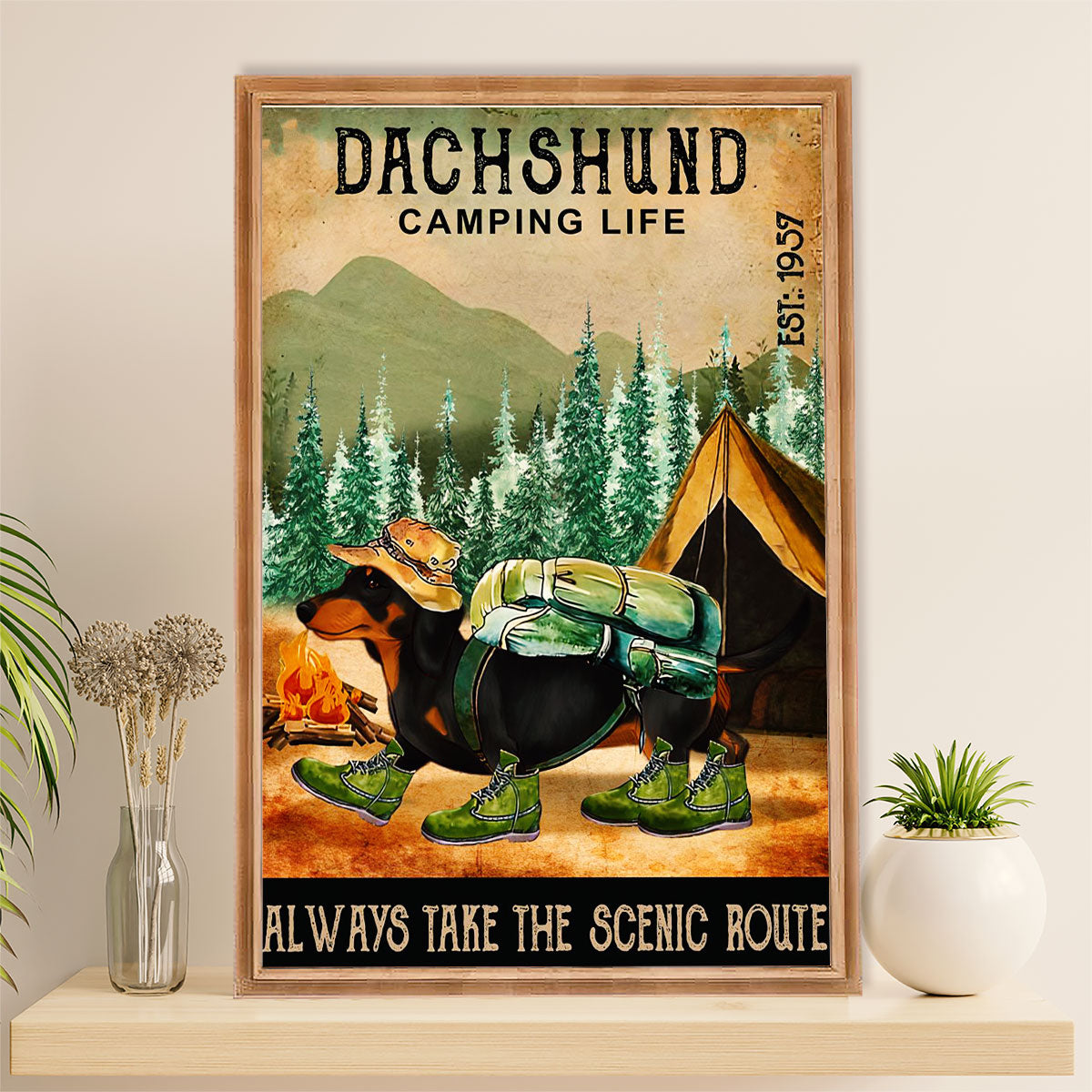 Funny Cute Dachshund Canvas Wall Art Print | Camping life | Gift for Dachshund Dog Puppies Lover