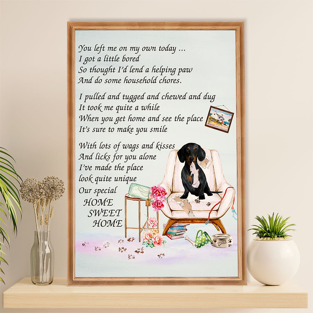 Funny Cute Dachshund Canvas Wall Art Print | Home Sweet Home | Gift for Dachshund Dog Puppies Lover