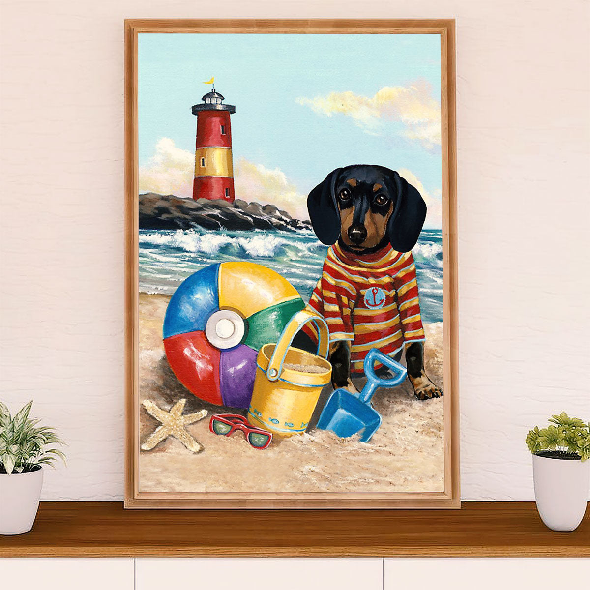 Funny Cute Dachshund Canvas Wall Art Print | Dachshund in Beach | Gift for Dachshund Dog Puppies Lover
