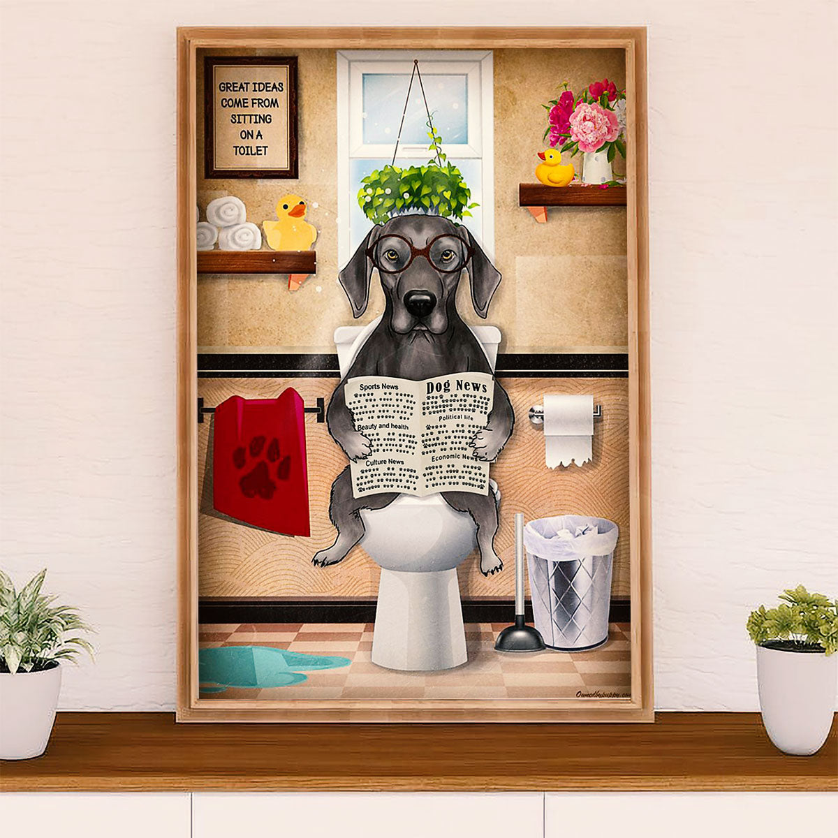 Funny Cute Dachshund Canvas Wall Art Print | Dog in Toilet | Gift for Dachshund Dog Puppies Lover