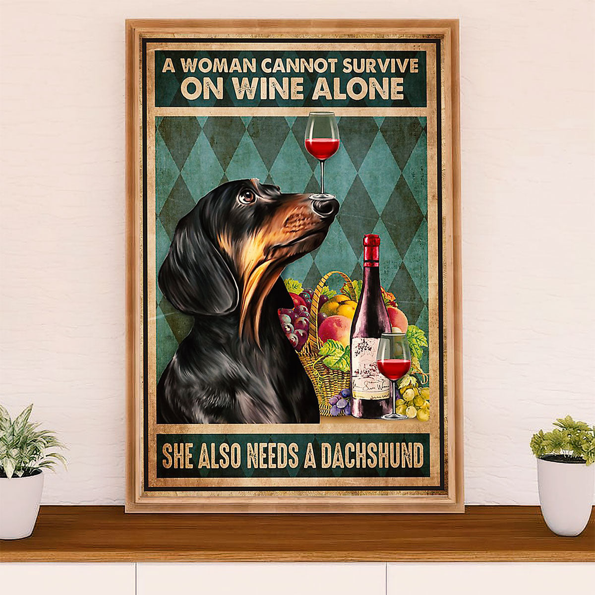 Funny Cute Dachshund Canvas Wall Art Print | Woman Loves Wine & Dachshund | Gift for Dachshund Dog Puppies Lover