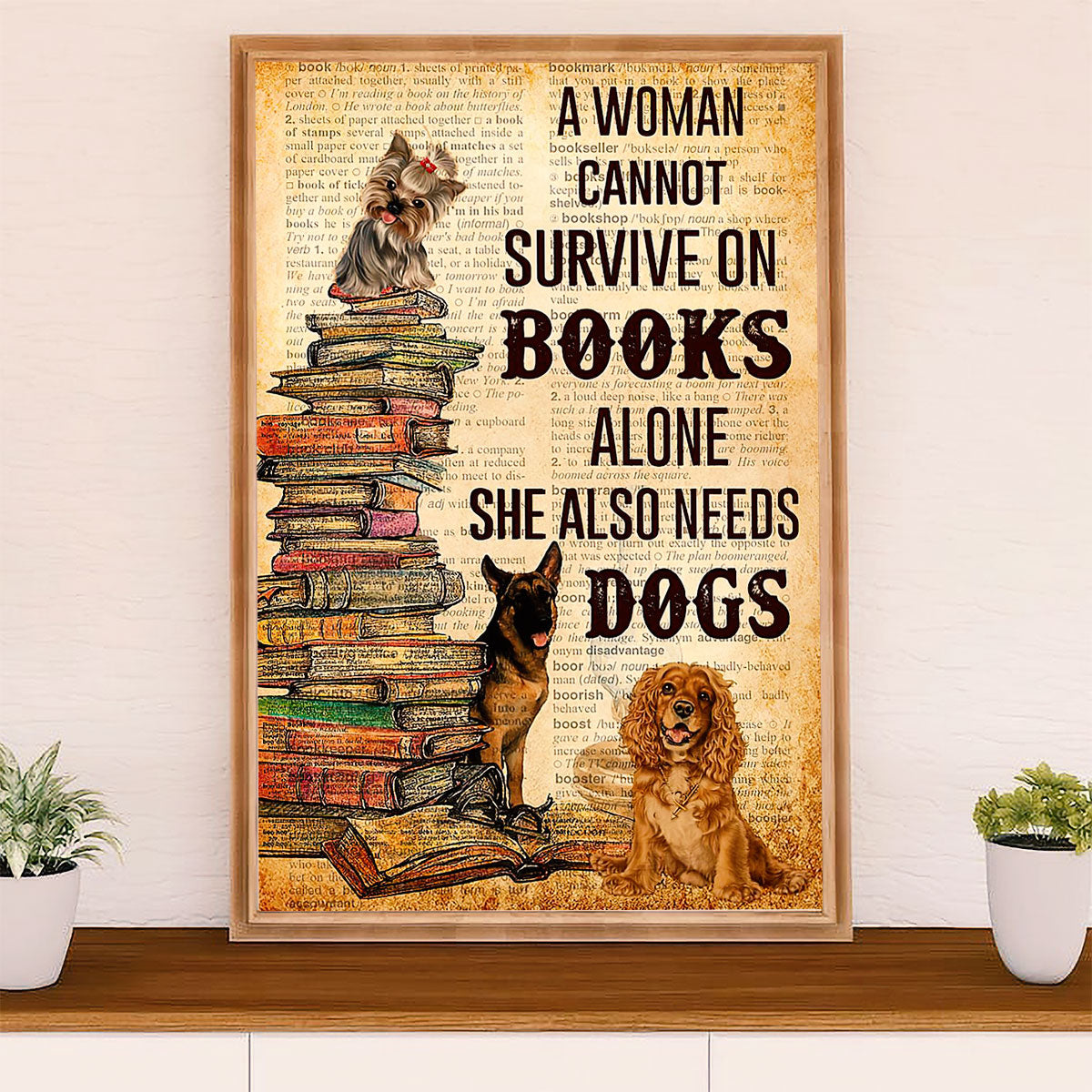 Dog Breeds Poster Wall Art Prints | Woman Loves Books & Dog | Home Décor Gift for Dog Puppies Lover