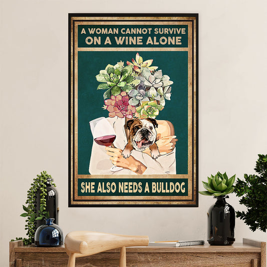 English Bulldog Canvas Wall Art | Girl Loves Bulldog & Wine | Gift for British Bulldog Puppies Lover