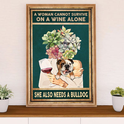 English Bulldog Poster Wall Art | Girl Loves Bulldog & Wine | Gift for British Bulldog Puppies Lover