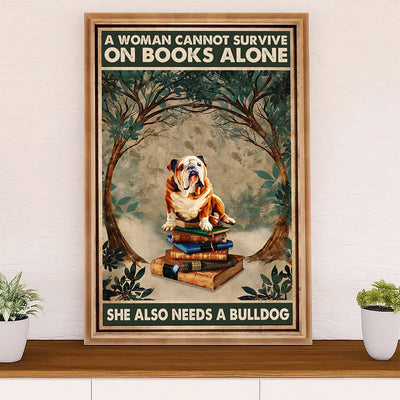 English Bulldog Canvas Wall Art | Woman Loves Books & Bulldog | Gift for British Bulldog Puppies Lover