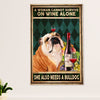 English Bulldog Poster Wall Art | Woman Loves Wine & Bulldog | Gift for British Bulldog Puppies Lover