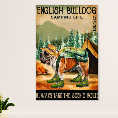 English Bulldog Poster Wall Art | Camping Life | Gift for British Bulldog Puppies Lover