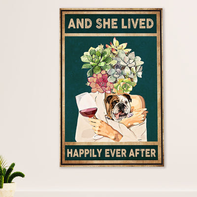 English Bulldog Poster Wall Art | Girl Loves Dog & Wine | Gift for British Bulldog Puppies Lover