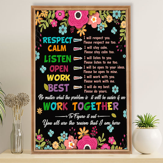 Teacher Classroom Poster Respect Calm Listen Open Work Best | Student Wall Art Back to School Gift for Teacher