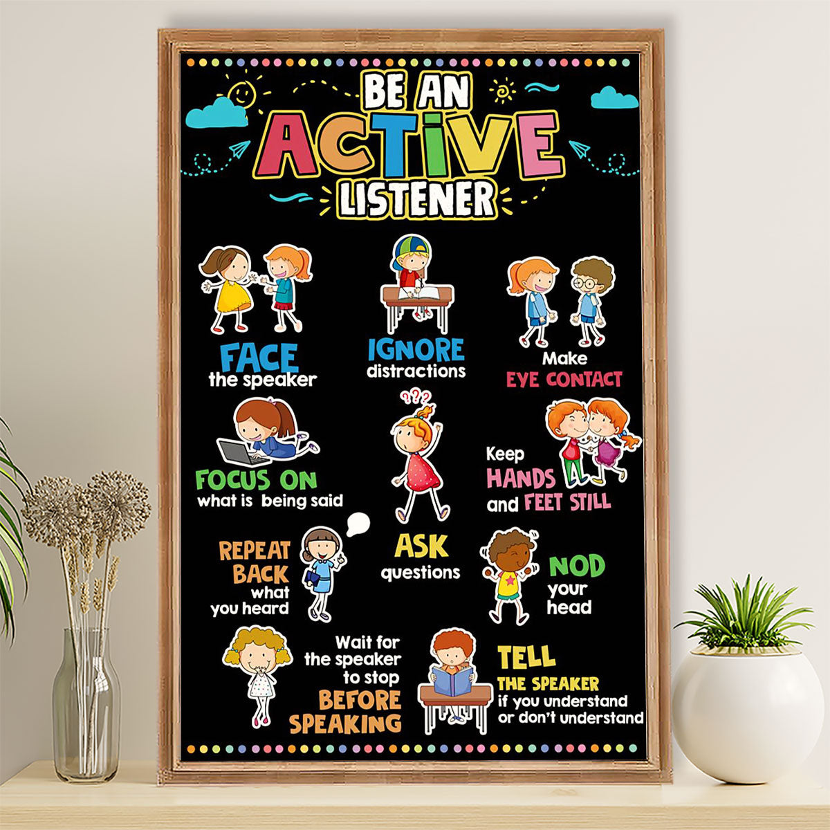 Teacher Classroom Poster Be An Active Listener | Student Wall Art Back to School Gift for Teacher
