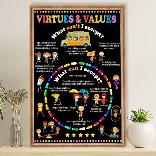 Teacher Classroom Poster Virtures & Values | Student Wall Art Back to School Gift for Teacher