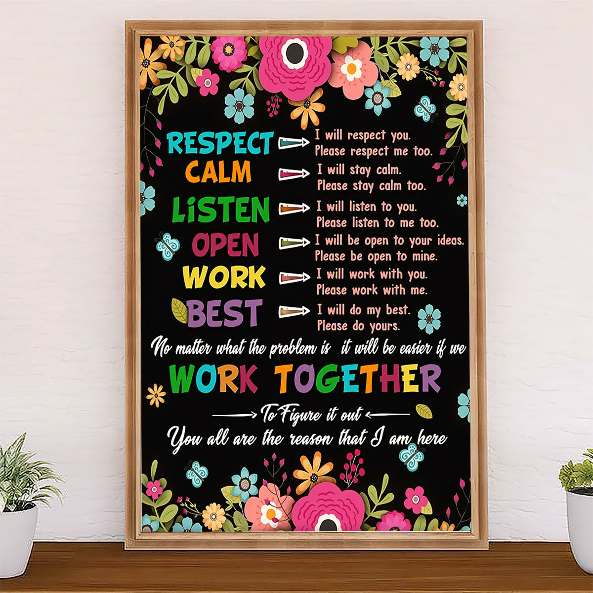 Teacher Classroom Canvas Respect Calm Listen Open Work Best | Student Wall Art Back to School Gift for Teacher