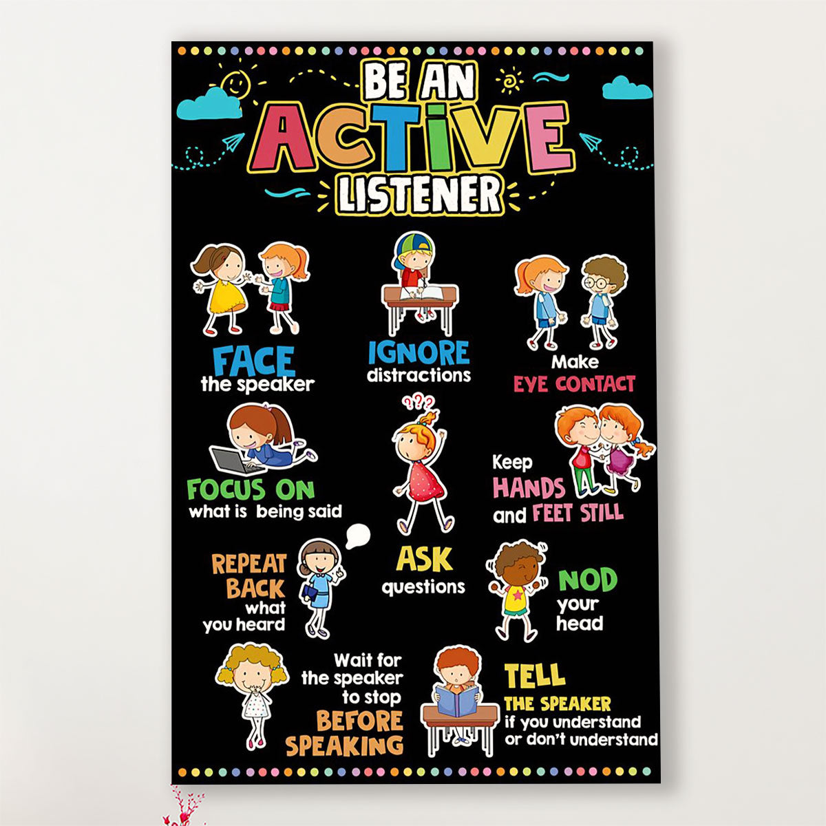 Teacher Classroom Canvas Be An Active Listener | Student Wall Art Back to School Gift for Teacher