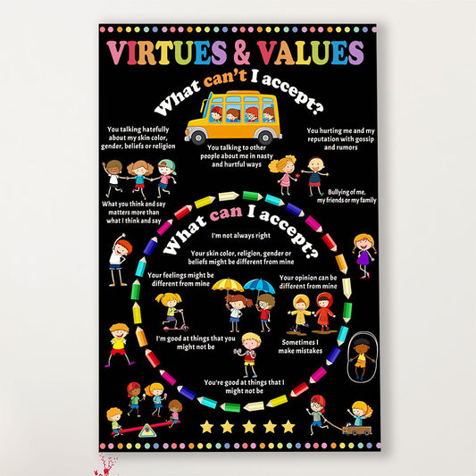 Teacher Classroom Canvas Virtures & Values | Student Wall Art Back to School Gift for Teacher