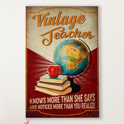 Teacher Classroom Canvas Vintage Teacher Knows More Than She Says | Student Wall Art Back to School Gift for Teacher