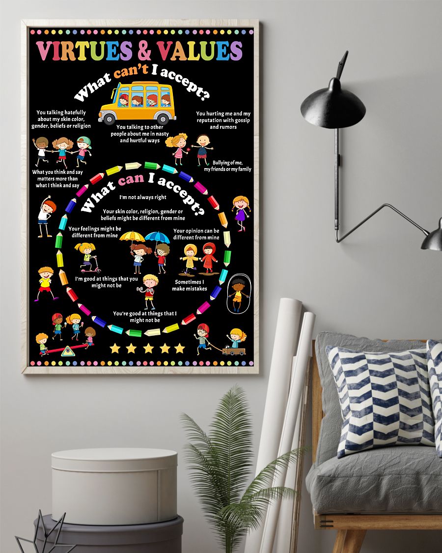 Teacher Classroom Poster Virtures & Values | Student Wall Art Back to School Gift for Teacher