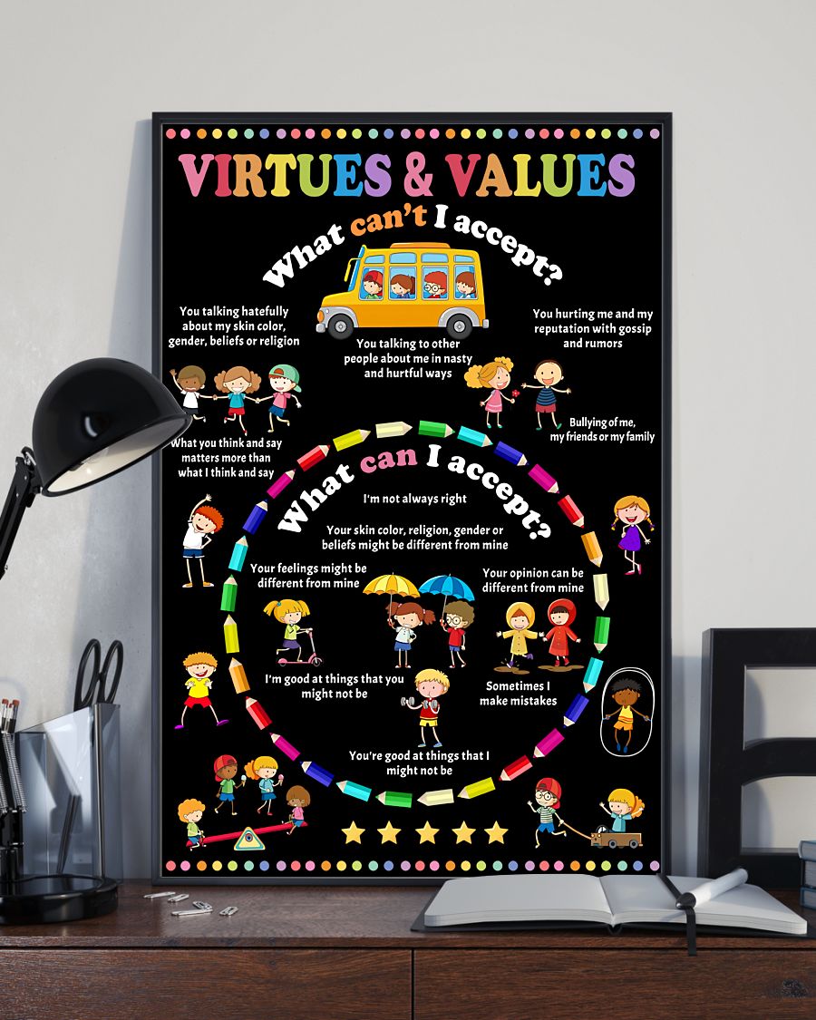 Teacher Classroom Poster Virtures & Values | Student Wall Art Back to School Gift for Teacher