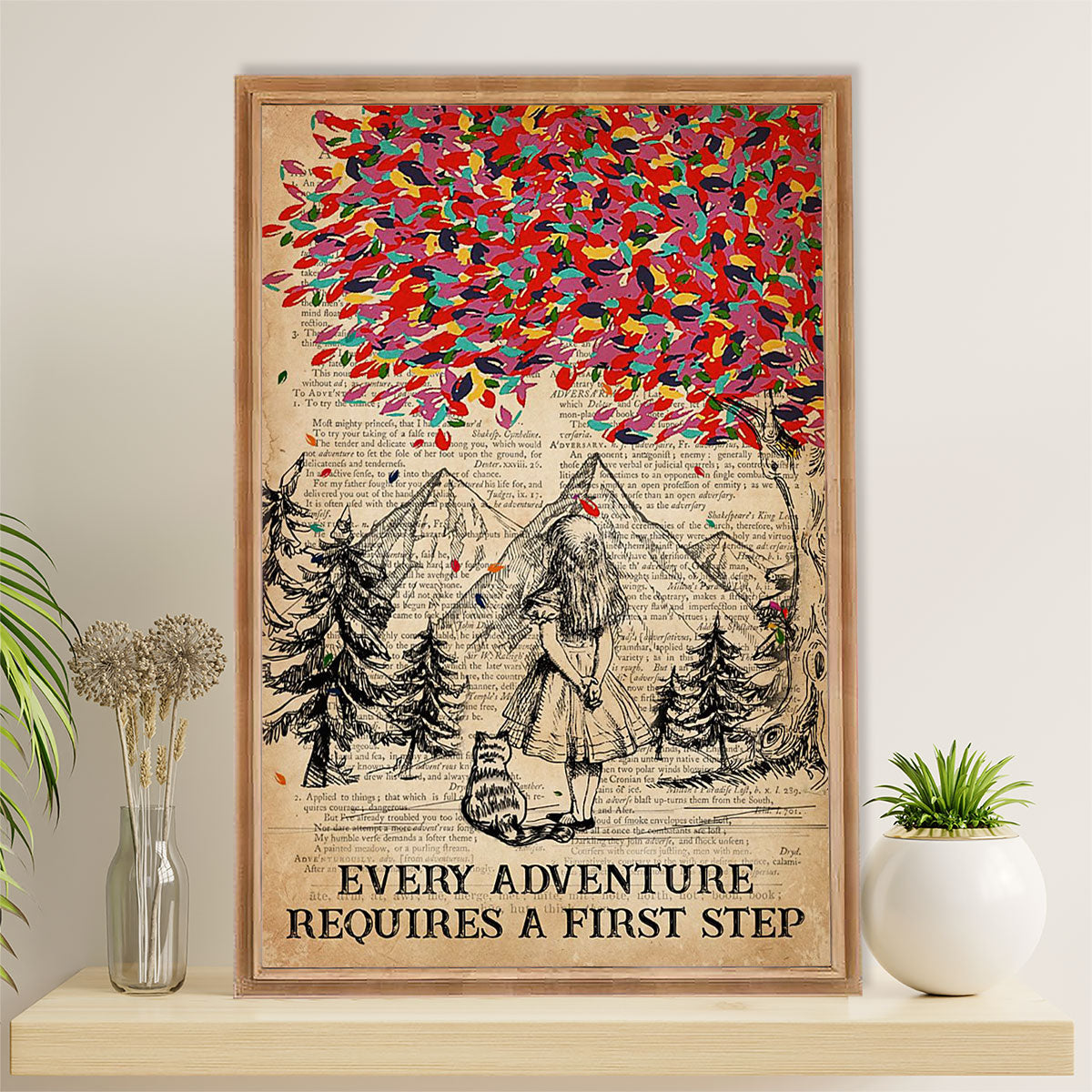 Camping Poster | Girl & Cat - Every Adventure Requires A First Step | Wall Art Gift for Camper