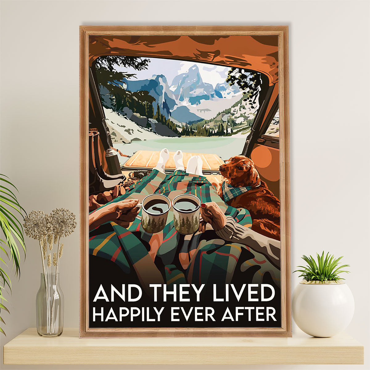 Camping Canvas | Couple & Dog - And They Lived Happily Ever After | Wall Art Gift for Campers