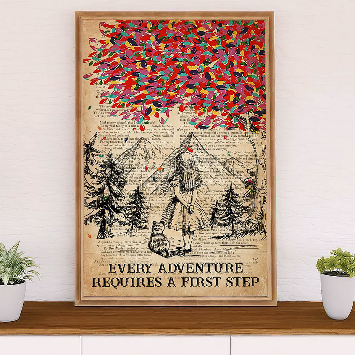 Camping Poster | Girl & Cat - Every Adventure Requires A First Step | Wall Art Gift for Camper