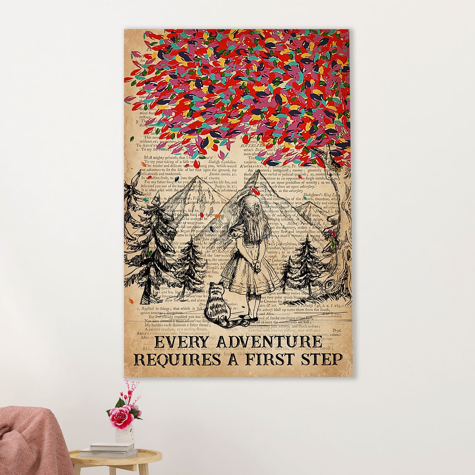 Camping Canvas | Girl & Cat - Every Adventure Requires A First Step | Wall Art Gift for Campers