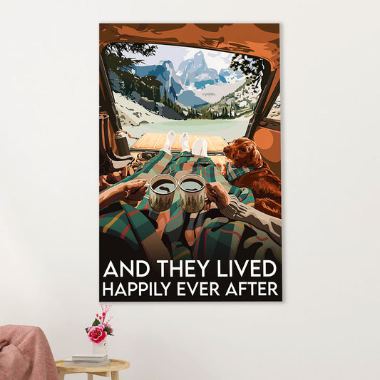 Camping Canvas | Couple & Dog - And They Lived Happily Ever After | Wall Art Gift for Campers