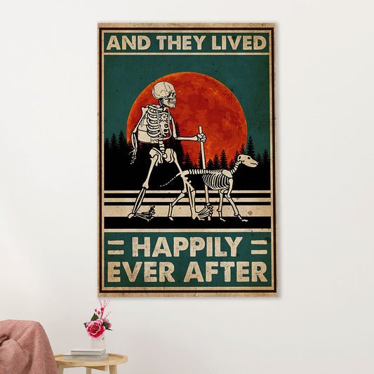 Camping Canvas | Skeleton & Dog - And They Lived Happily Ever After | Wall Art Gift for Campers