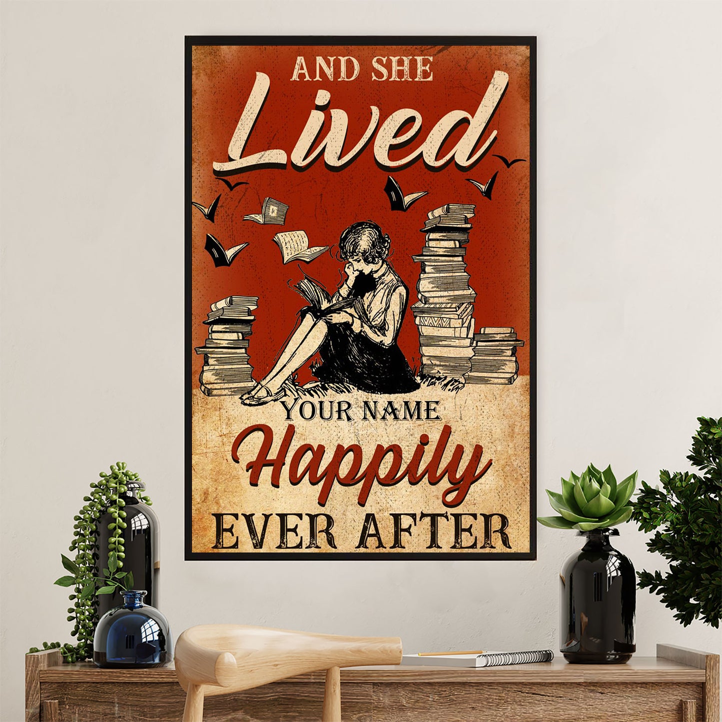 Books Lover Poster Prints | Personalized Woman's Name - And She Lived Happily | Wall Art Gift for Books Reader