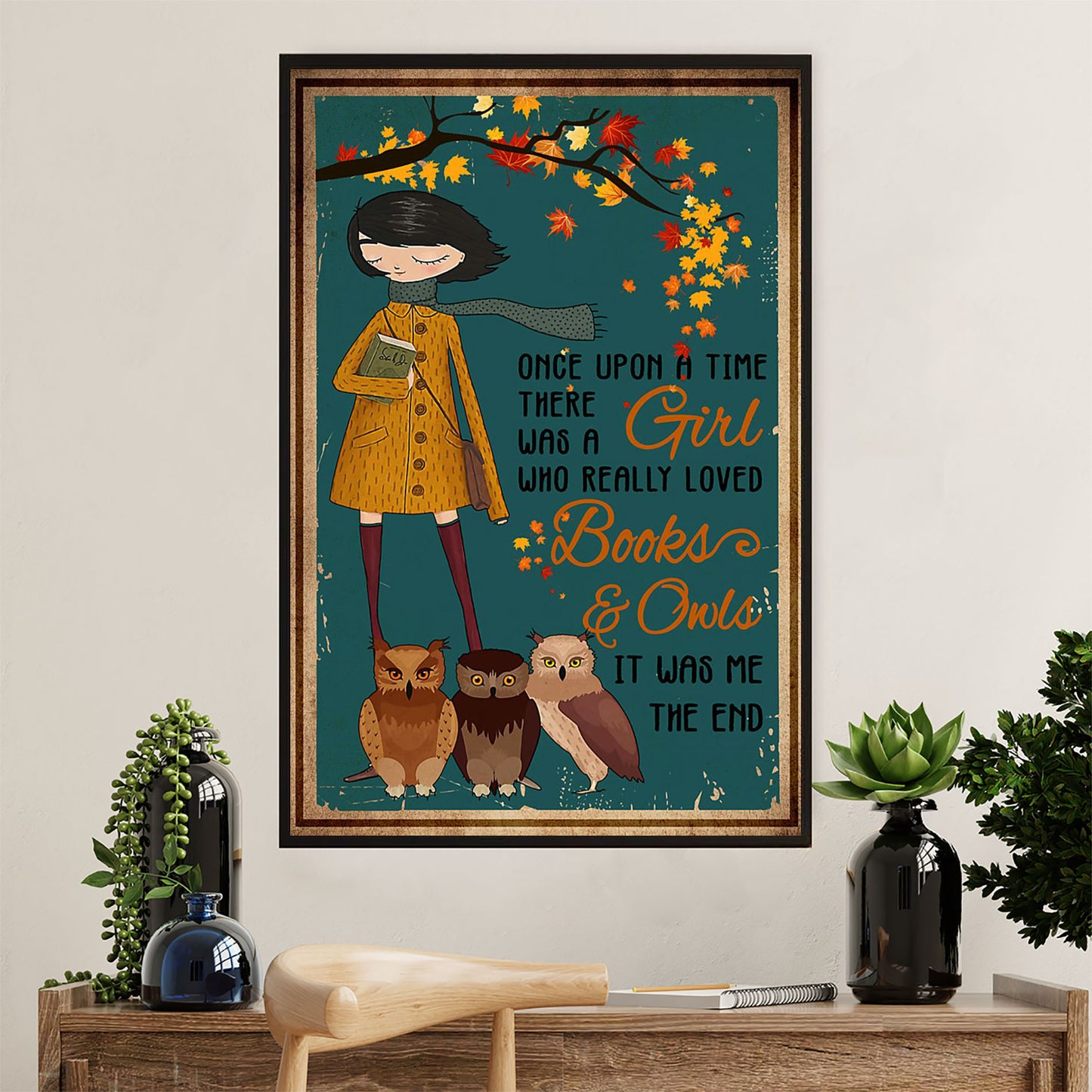 Books Lover Poster Prints | There Was A Girl Who Loved Books & Owls | Wall Art Gift for Books Reader