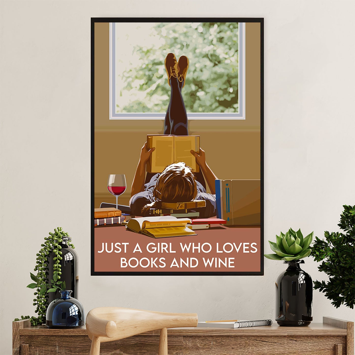 Books Lover Poster Prints | Just A Girl Who Loves Books & Wine | Wall Art Gift for Books Reader