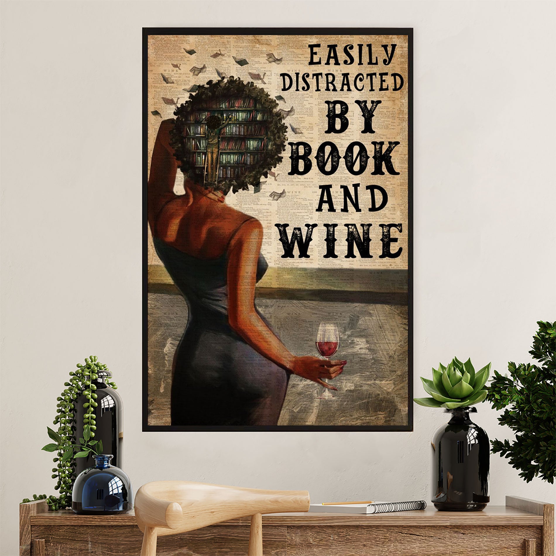 Books Lover Poster Prints | Easily Distracted by Book & Wine | Wall Art Gift for Books Reader