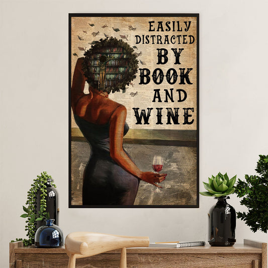 Books Lover Poster Prints | Easily Distracted by Book & Wine | Wall Art Gift for Books Reader