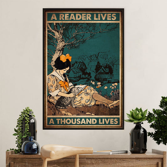 Books Lover Poster Prints | Girl & Cat - A Reader Lives A Thousand Lives | Wall Art Gift for Books Reader