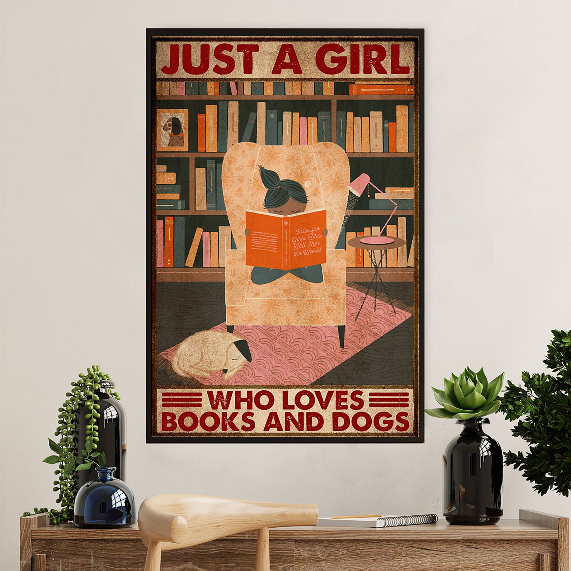 Books Lover Canvas Prints | Just A Girl Who Loves Books & Dogs | Wall Art Gift for Books Reader