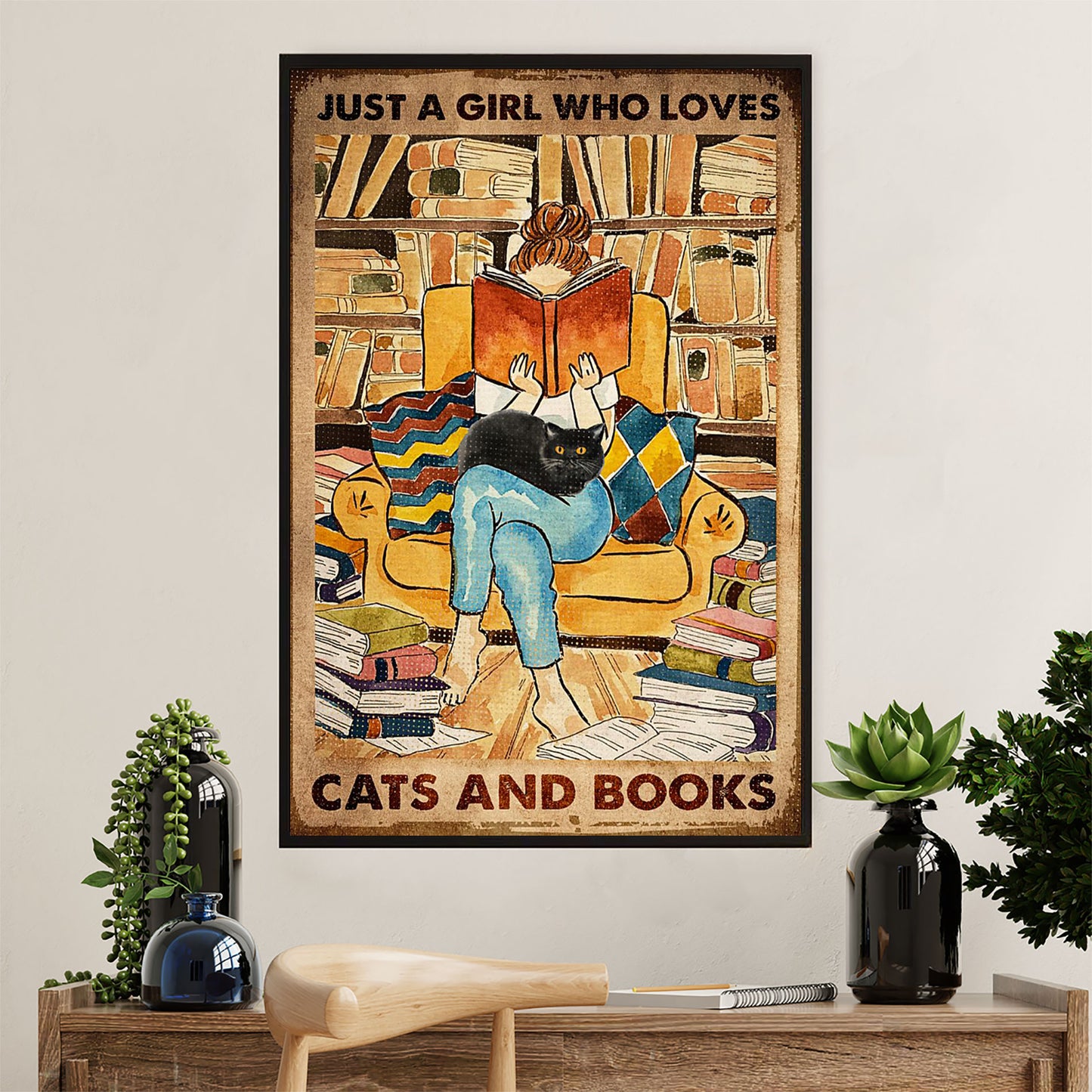 Books Lover Poster Prints | Just A Girl Who Loves Books & Cats | Wall Art Gift for Books Reader